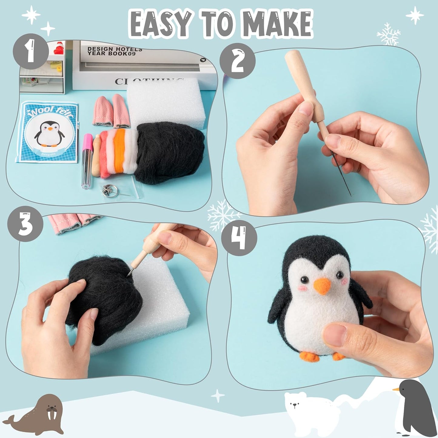 WATINC Needle Felting Kit - 5 Set Unique Different Cute Doll Wool Felt Needle Tools Foam Pad Instruction, DIY Home Decoration Craft Party Supplies for Art Work Starter Beginners (Polar Animal)