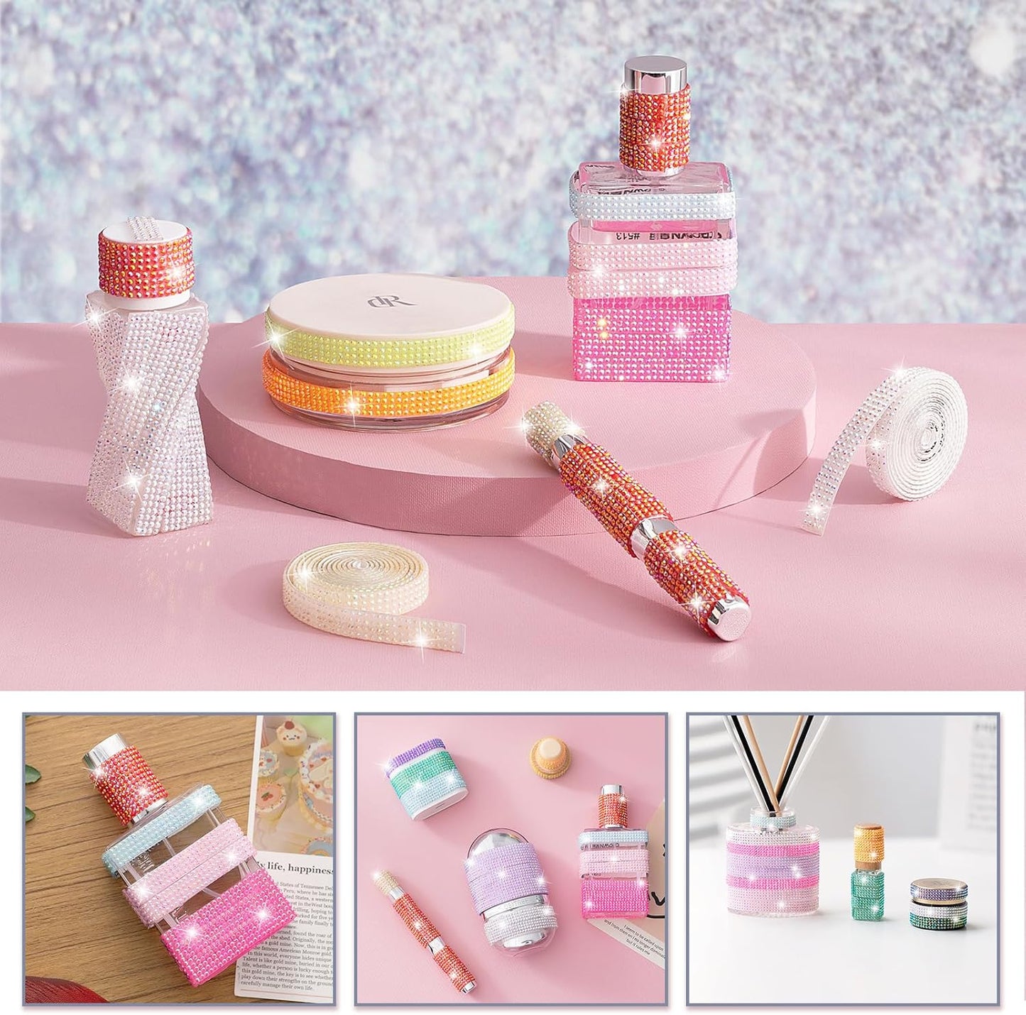 Rhinestone Ribbon Self Adhesive Crystal Rhinestones, 12-Rolls Bedazzling Strips, 12-Yard Rhinestone Strips for DIY Craft, Rhinestones for Crafting