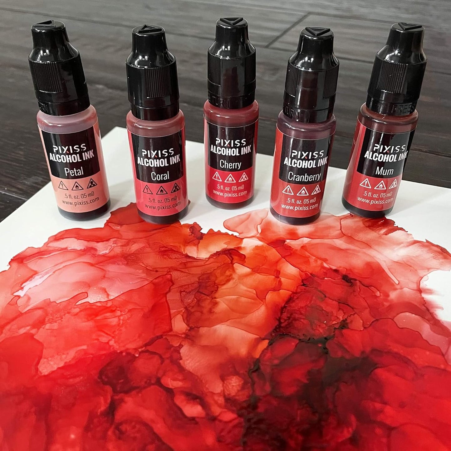 Pixiss Red Alcohol Ink Set - 5 Shades of Highly Saturated Alcohol Ink for Epoxy Resin Supplies, Yupo Paper, Tumblers, Coasters - Resin Colorant for Epoxy Resin and Resin Art Supplies
