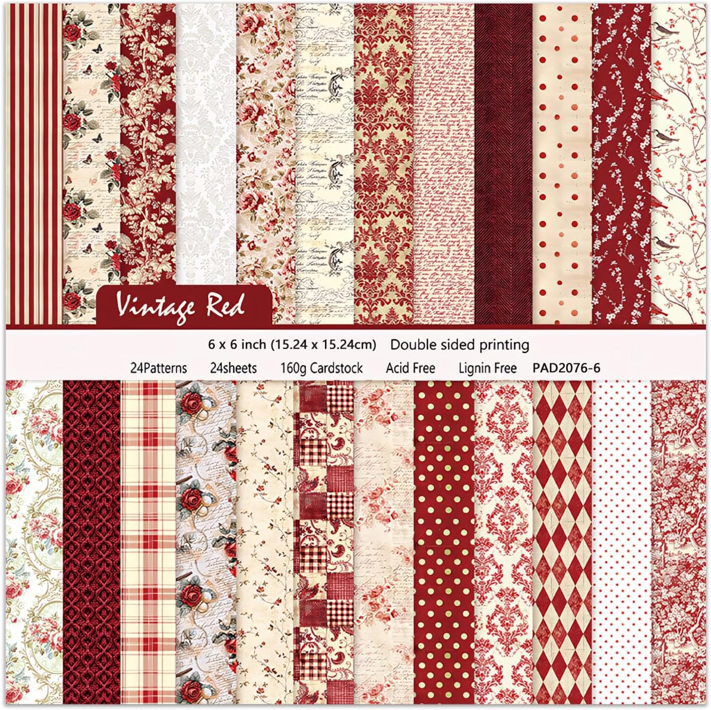 24 Sheets Red Aesthetic Scrapbooking Paper Pad - 6In x 6In Double Sided Flowers Patterns for Photos Album Journals Supplies Decorative Collage Origami DIY Crafts Gifts Wrapping