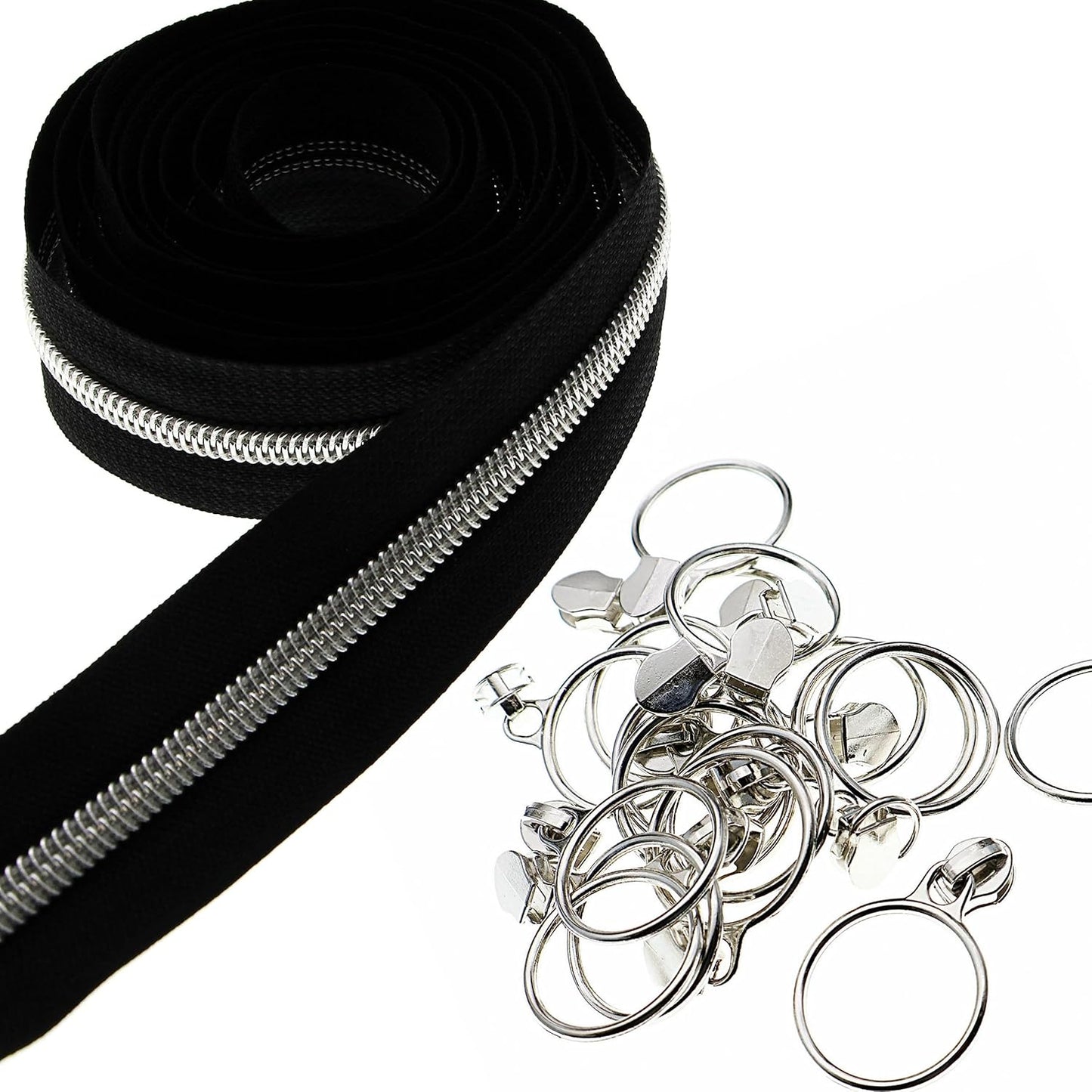 Leekayer #5 Silver Metallic Nylon Coil Zippers by The Yard Bulk 10 Yards Black Zipper Tape with 25pcs Silver Sliders for DIY Sewing Tailor Craft Bag(Black)