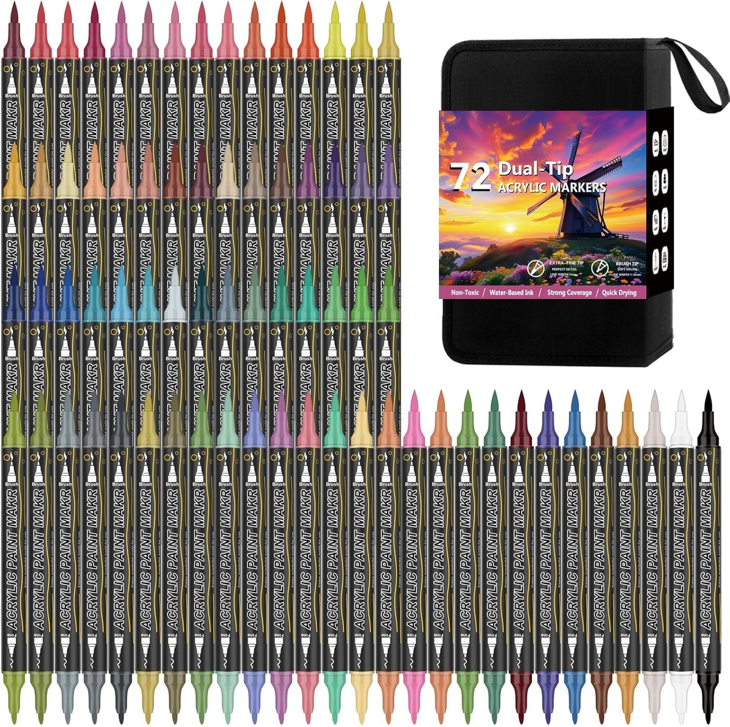 72 Colors Dual Tip Acrylic Paint Markers，Waterproof, Non-Toxic, Odorless Acrylic Markers Pens，Paint Pens & Paint Markers for Rock, Wood, Glass, Stone, Canvas, Ceramic, Fabric and Paper Painting