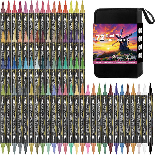 72 Colors Dual Tip Acrylic Paint Markers，Waterproof, Non-Toxic, Odorless Acrylic Markers Pens，Paint Pens & Paint Markers for Rock, Wood, Glass, Stone, Canvas, Ceramic, Fabric and Paper Painting