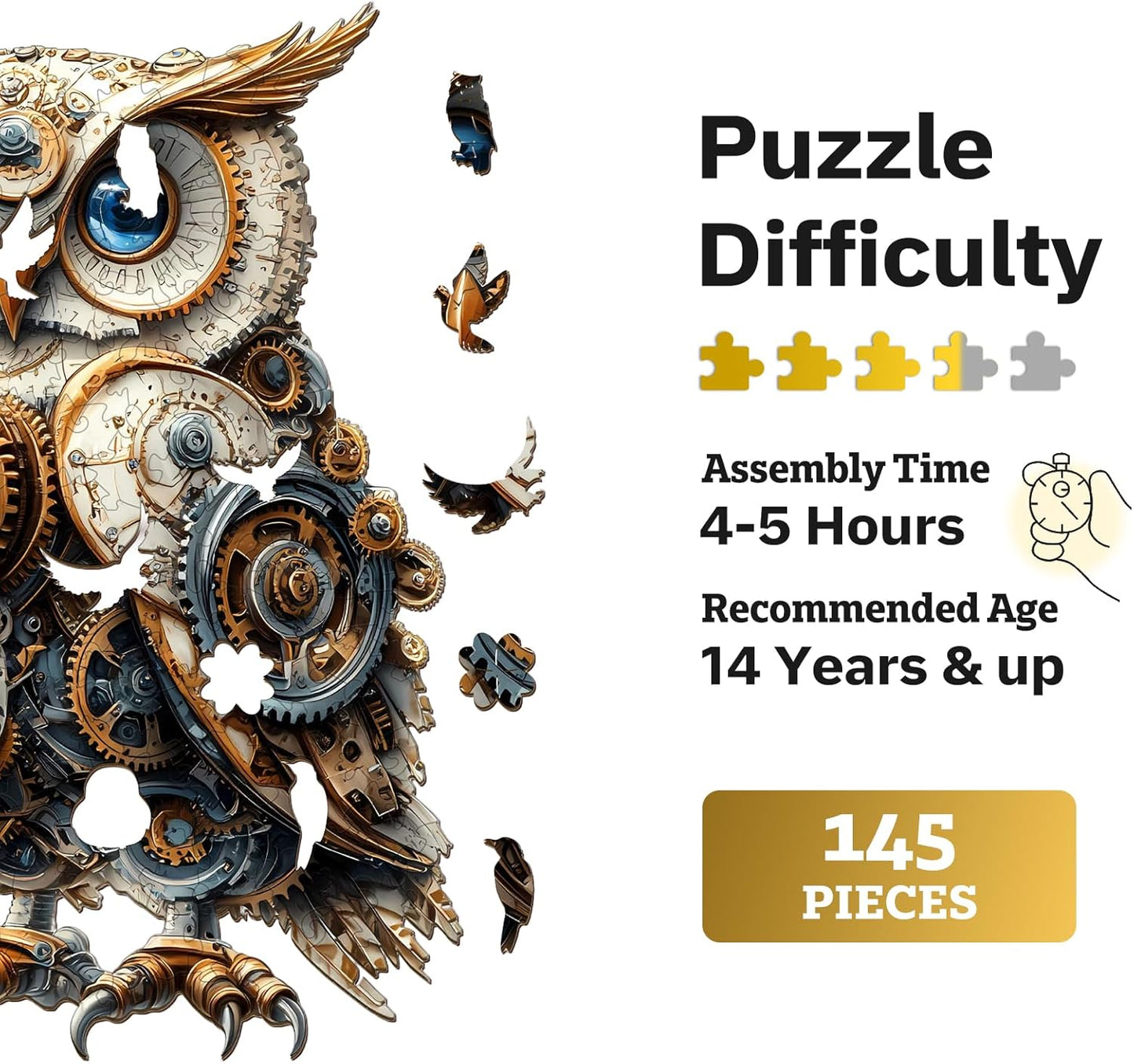 Jigfoxy Wooden Puzzles for Adults, Mechanical Owl Wood Puzzles Adult, Unique Animal Shape Wooden Jigsaw Puzzles for Adults, Birthday Gifts for Puzzle Lovers, Family(M-11.4 * 7.8in-145pcs)