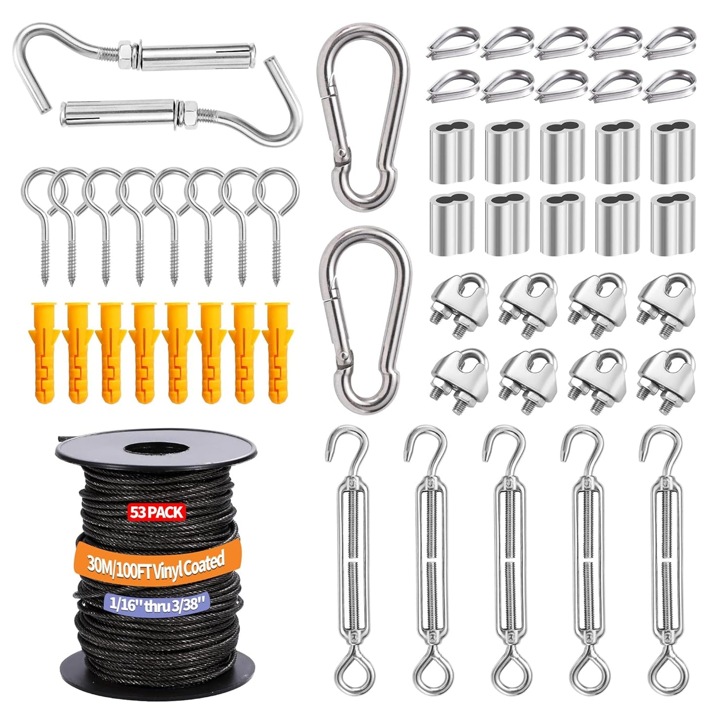 1/16" Wire Rope Kit,30M/100FT Black Vinyl Coated 304 Stainless Steel Cable,String Light Hanging Kit with Turnbuckle for Outdoor,Garden Wire(55 Pack)