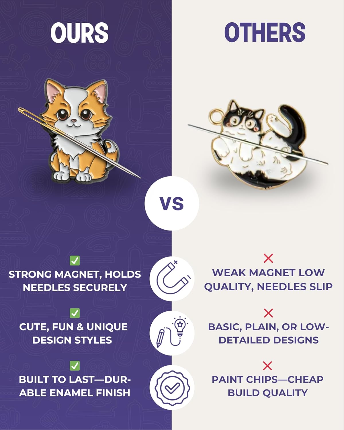 The Quilted Bear Needle Minder - Needle Minder Magnet for Keeping Sewing & Embroidery Needles, Cross Stitch Needles Safe - Stress Free Stitching Cross Stitch Supplies & Embroidery Supplies (Cat)