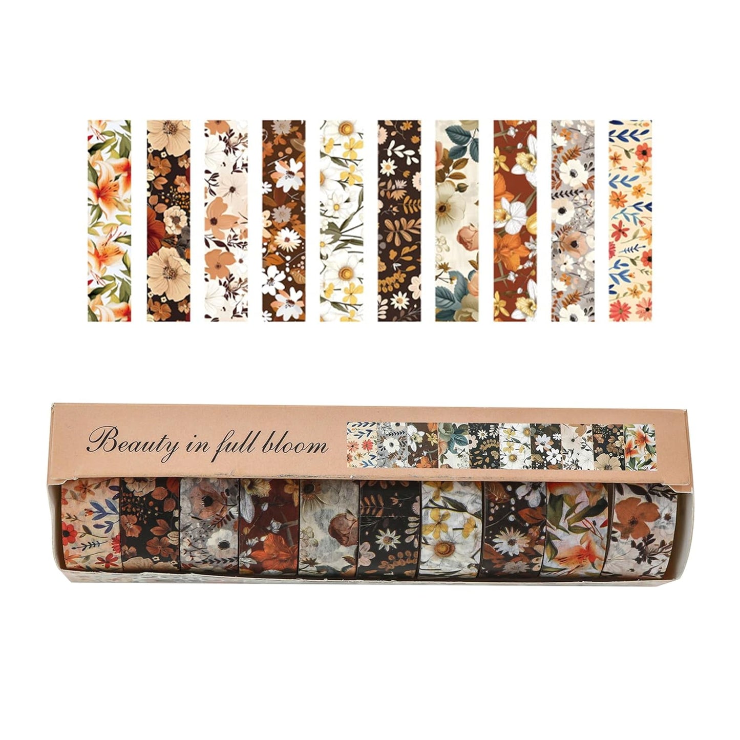 10 Rolls Blooming Flowers Washi Tape Set Floral Arts Adhesive Tapes Colorful Garden Decorative Masking Tape Sets for Craft, Kids, Scrapbook, DIY, Gift Wrapping (5-Browns)