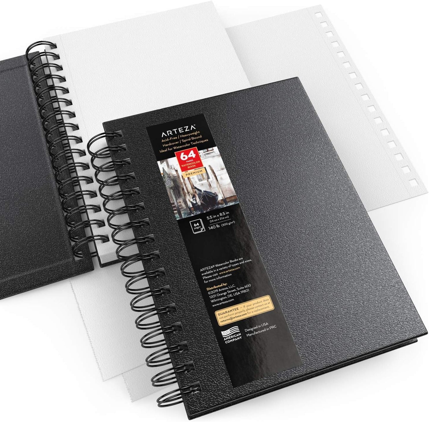 ARTEZA Watercolor Sketchbook Set, 3-Pack, 64 Pages per Book, 5.5 x 8.5 Inches, Black Hardcover Spiral Notebooks, 140-Pound Premium Watercolor Paper for Artists
