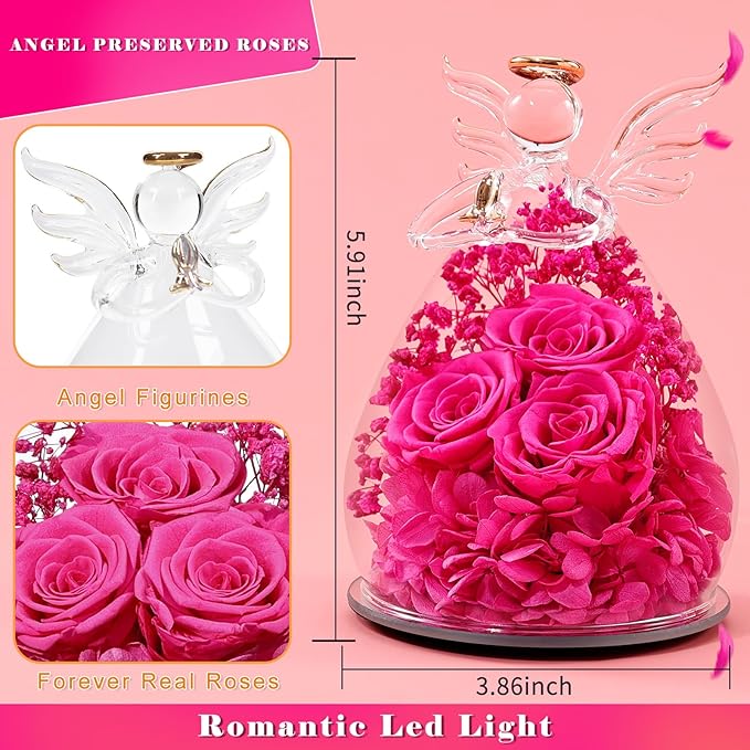 Beferr Valentines Day Rose Gifts for Her Women Mom Gifts for Birthday, Fresh Flowers for Delivery Forever Preserved Rose in Glass Angel Figurine, for Grandma Wife Daughter Girlfriend