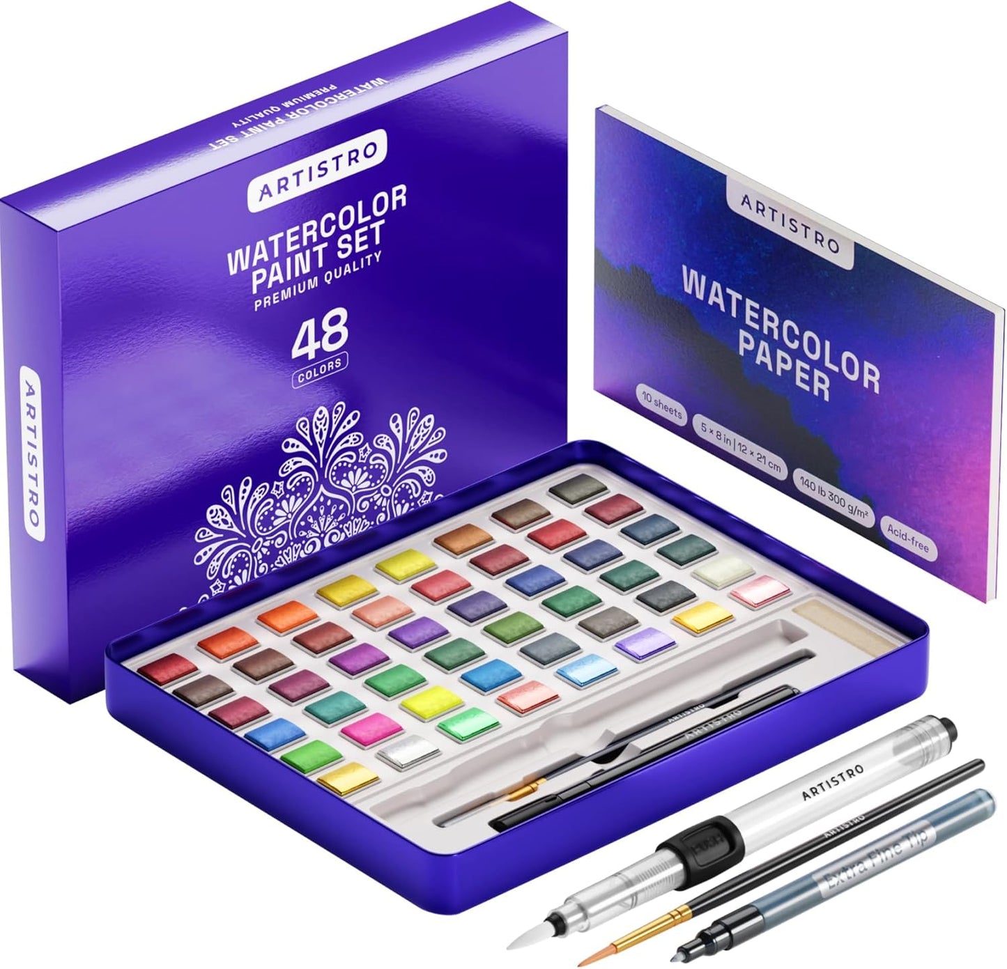 ARTISTRO Watercolor Paint Set – 48 Vivid Colors in Portable Box, Including Metallic & Fluorescent Shades – Travel Art Kit for Artists, Hobbyists & Painting Lovers (Premium Home)