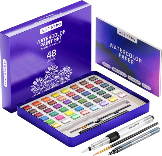 ARTISTRO Watercolor Paint Set – 48 Vivid Colors in Portable Box, Including Metallic & Fluorescent Shades – Travel Art Kit for Artists, Hobbyists & Painting Lovers (Premium Home)