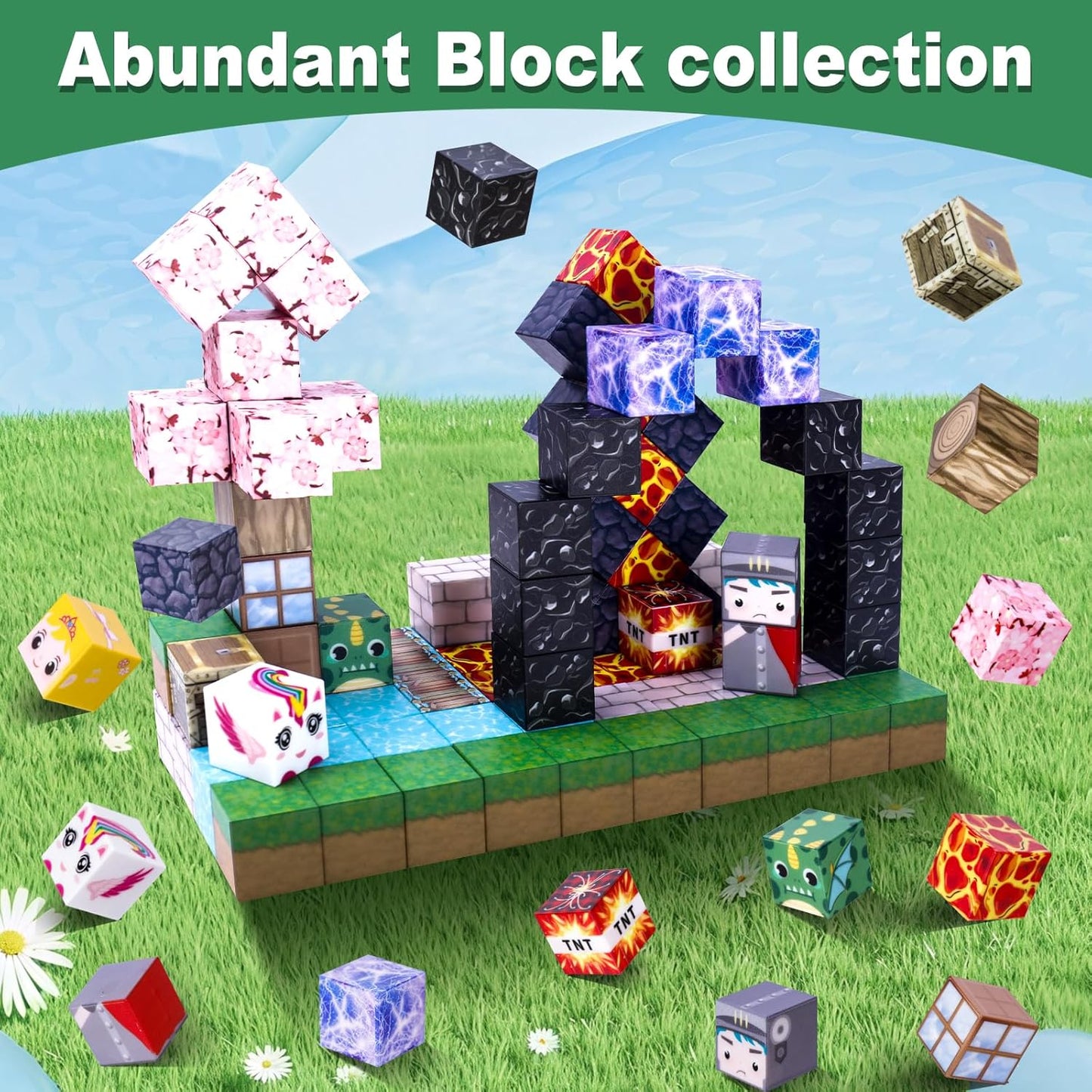 100PCS Magnetic Blocks - Magnet Cubes Toys Stacking, Build Mine Magnet World Magic Portal Set, 2025 Upgraded STEM Montessori Stacking Toy for 3+ Year Old Boys&Girls (Forest and Castle)