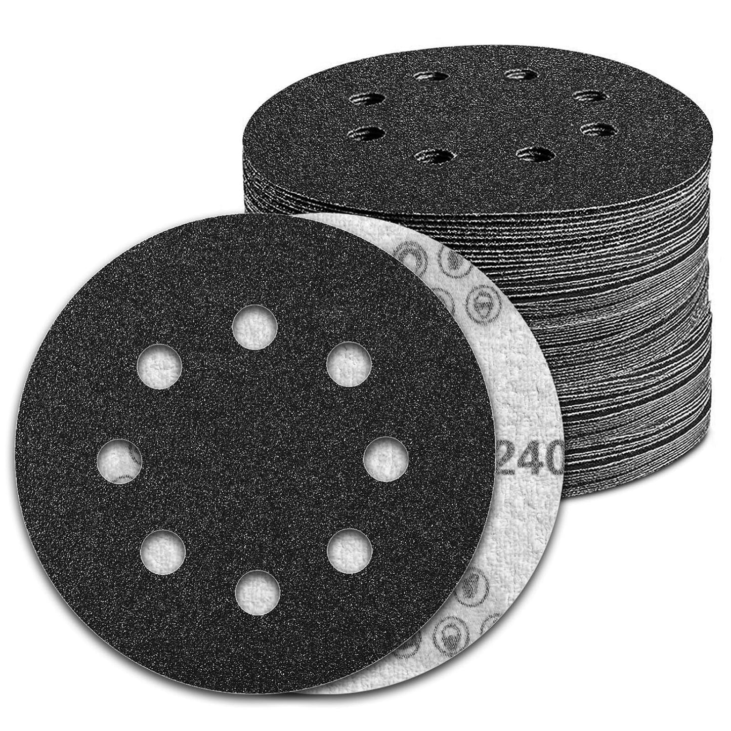 100 Pcs 5 inch Wet Dry Sanding Discs Grit 240 Hook and Loop 8 Hole Silicon Carbide Orbital Sander Sandpaper