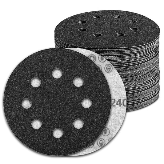 100 Pcs 5 inch Wet Dry Sanding Discs Grit 240 Hook and Loop 8 Hole Silicon Carbide Orbital Sander Sandpaper