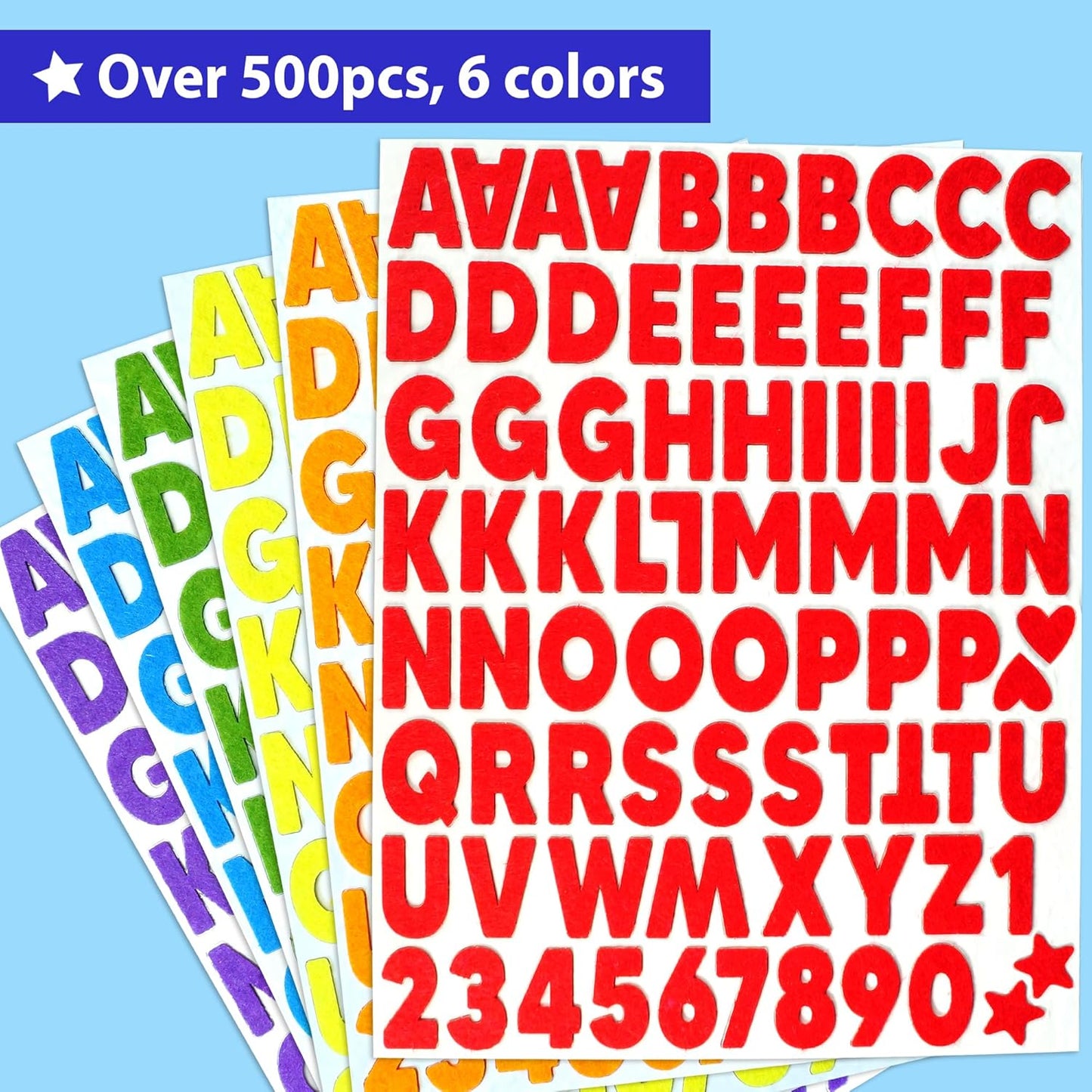 KRAFUN Felt Sticker Kit for Beginner Toddlers, Kids Arts & Crafts, Pack of 500 Assorted Scrapbook Stickers Alphabets, Numbers, Fun Shapes, Preschool, Children Early Learning, self Adhesive
