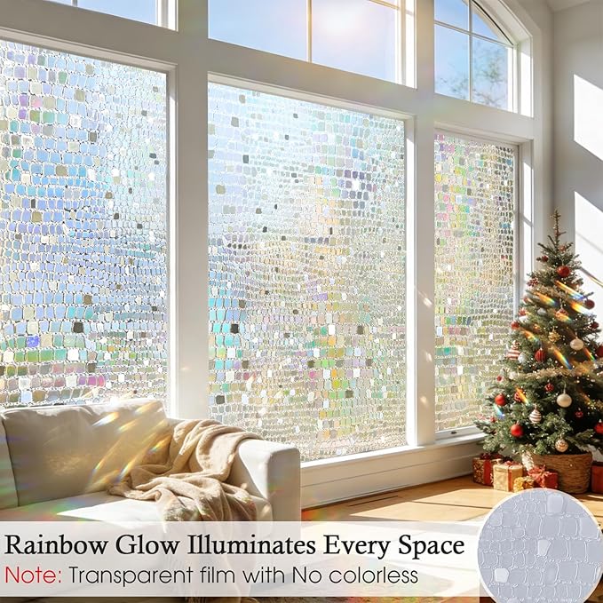 Windimiley Rainbow Window Privacy Film, 3D Stained Glass Christmas Decorative Window Clings, UV Heat Blocking Holographic Prism Stickers for Home(23.6 x 118.1In,Pure)