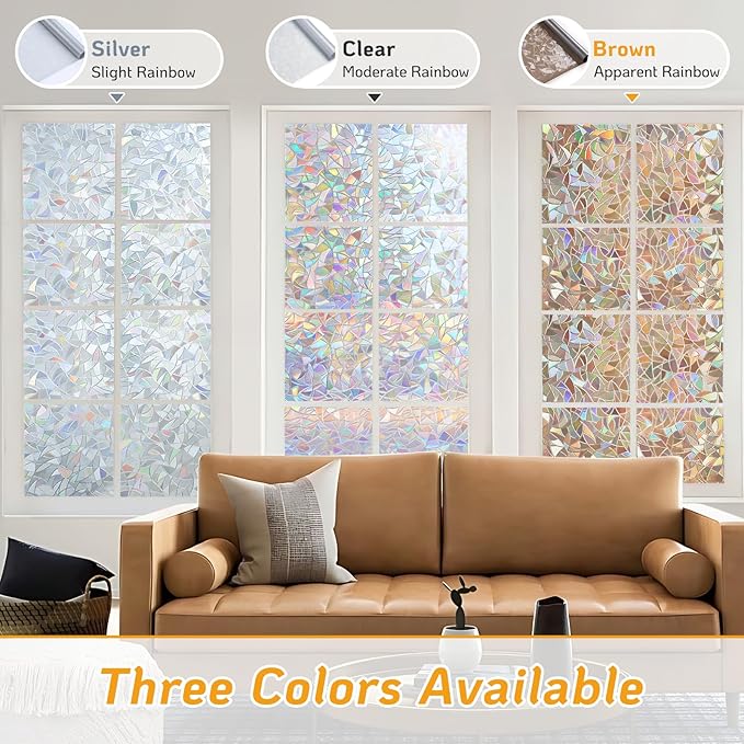 LUTE Window Privacy Film, Rainbow Window Flim, 3D Decorative Stained Glass Cling, Non-Adhesive Vinyl Static Cling Removable Glass Sticker, Sun UV Blocking Covering for Home, Brown, 17.5 x 78.7 inches
