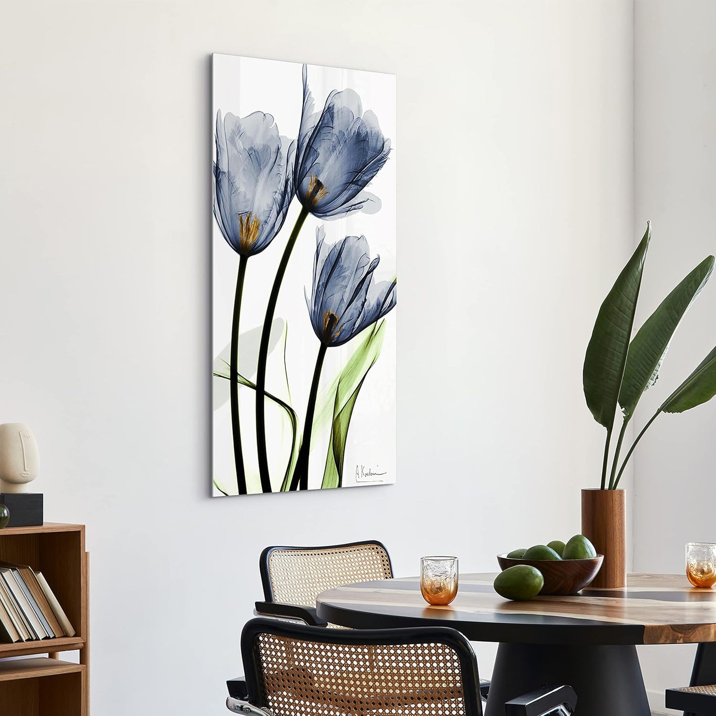 Empire Art Direct Frameless Free Floating Tempered Glass Panel Graphic Wall Art Ready to Hang, 24" x 48", Three Blue Tulips, Flower wall art