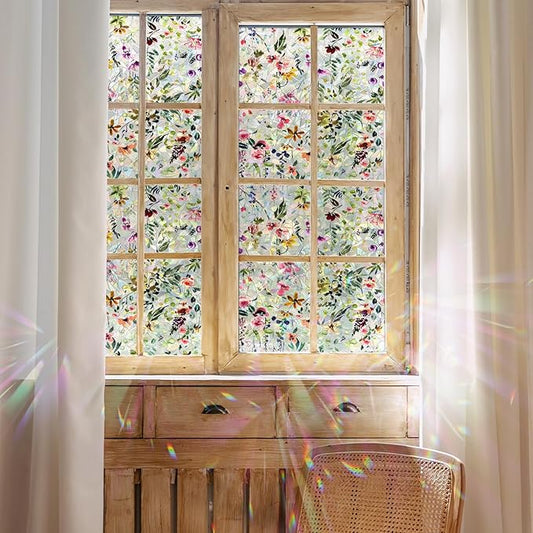Rainbow Suncatcher Floral Window Film, Privacy Iridescent Static Cling Double-Sided Decals for Window Door Glass Decor, Spring Colorful Flower, 118.11" x 16.93"