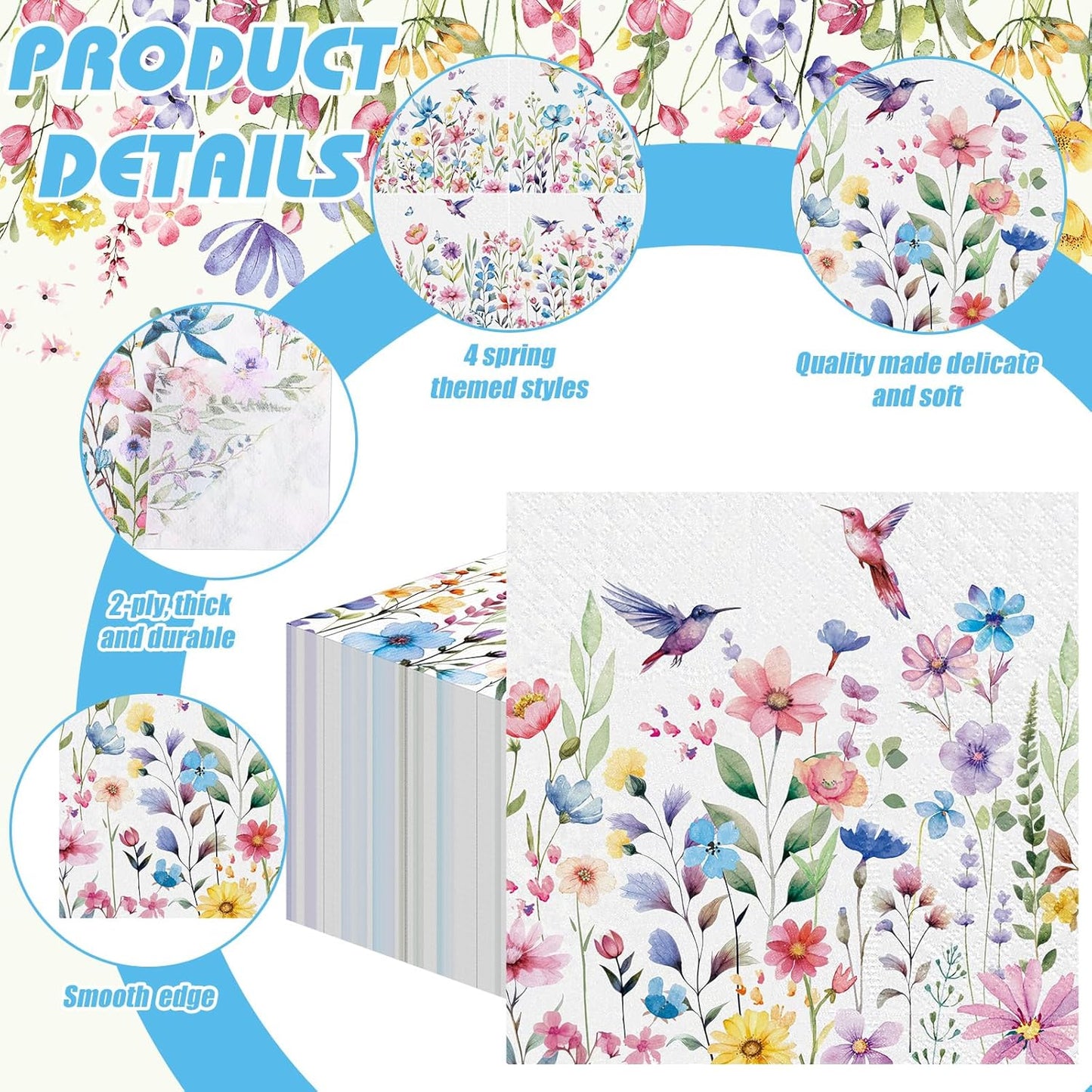 Fulmoon 200 Pieces Summer Floral Cocktail Napkins Disposable Flower Dessert Paper Napkins Bulk Wildflower Hummingbird Decoupage Beverage Towel for Summer Tea Party Dinner Table Decorative Supplies