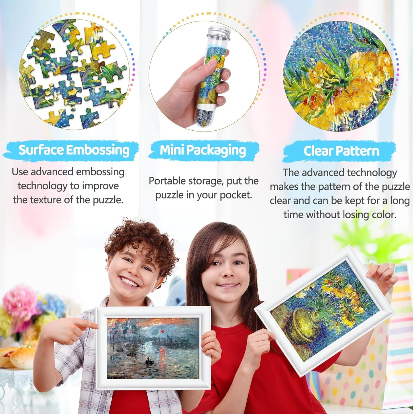 150 Pieces Mini Jigsaw Puzzle for Adults & Kids - 6" x 4" Small Capsule Tube Intelligent Game - Impression Sunrise, Fritillaries in a Copper Vase, Cafe Terrace at Night 3 Pack