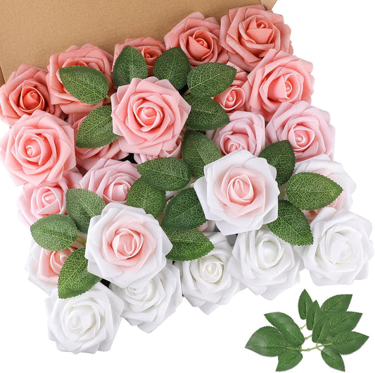 AmyHomie 25pcs Real Looking Artificial Shades of Blush Roses w/Stem for DIY Wedding Bouquets Centerpieces Arrangements Party Baby Shower Home Decorations