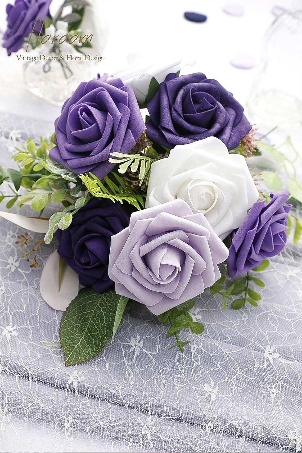 Floroom Artificial Flowers 25pcs Real Looking Violet Purple Foam Fake Roses with Stems for DIY Wedding Bouquets Bridal Shower Centerpieces Floral Arrangements Party Tables Home Decorations