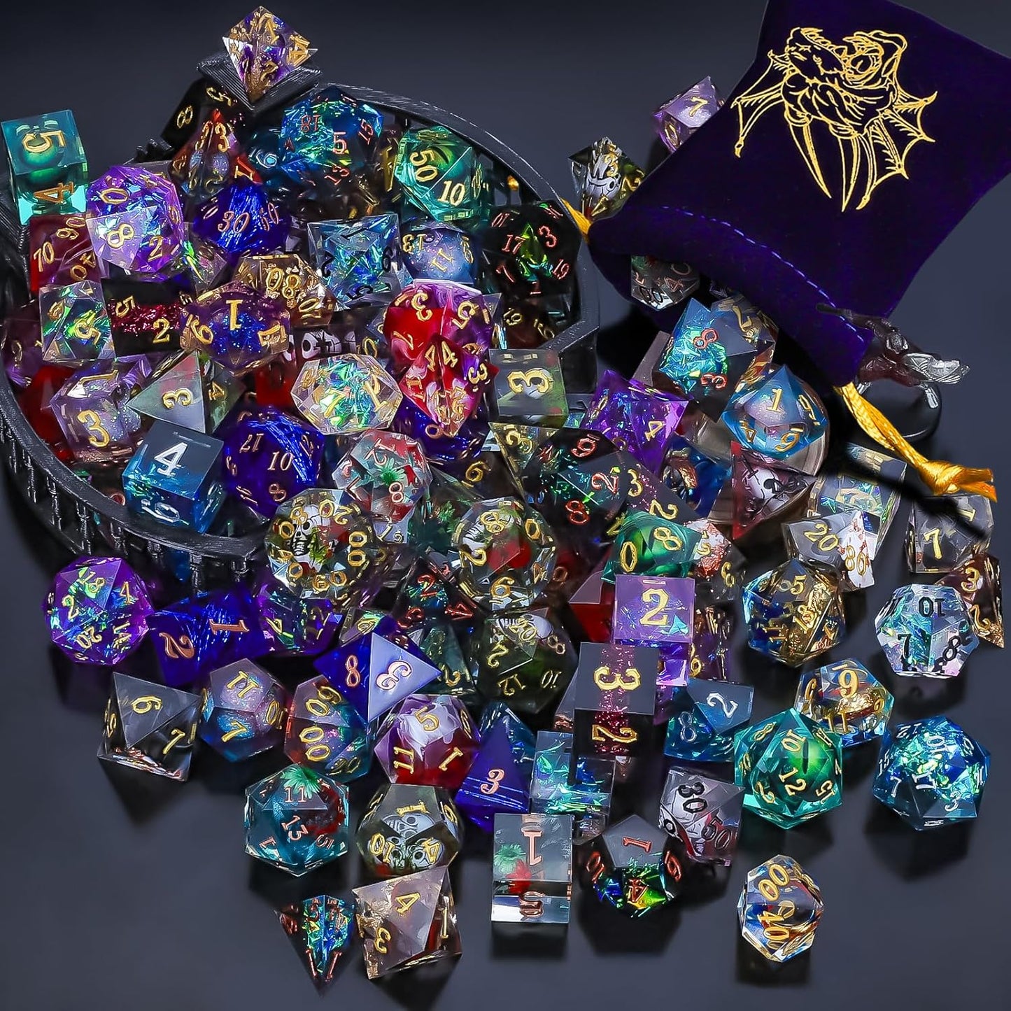 QMAY Resin Mystery Dice Set, 7 Pcs Handmade Sharp Edge Polyhedral Dice, Random Various Styles DND Dice & Dice Bag, DND Gifts, Suitable for Dungeons and Dragons, RPG, MTG,Role Playing Table Game