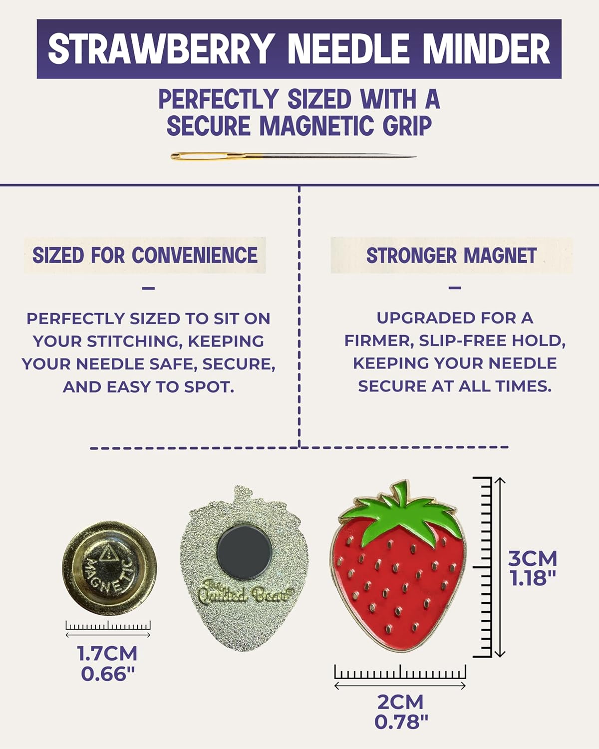 The Quilted Bear Needle Minder - Needle Minder Magnet for Keeping Sewing & Embroidery Needles, Cross Stitch Needles Safe When Stitching Cross Stitch Supplies & Embroidery Supplies (Strawberry)