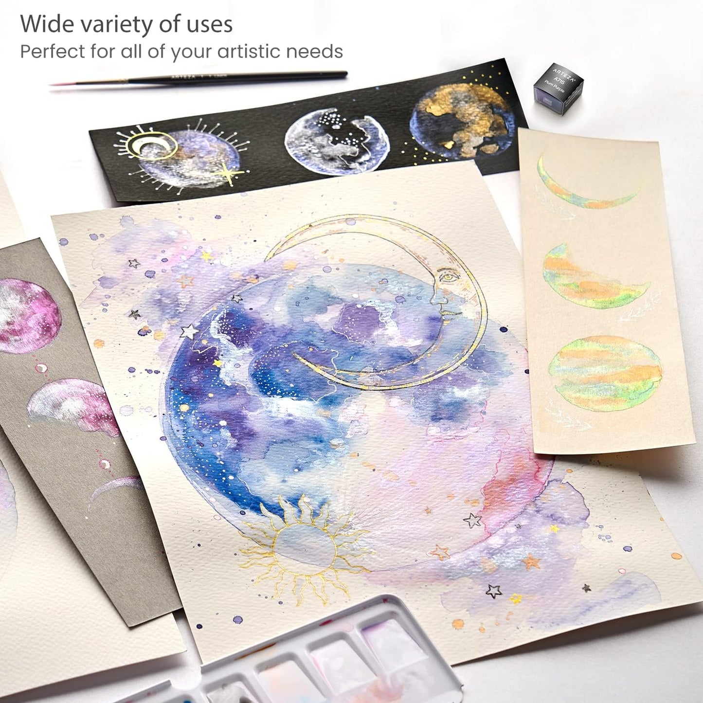 ARTEZA Watercolor Paint Set, 12 Metallic Watercolor Paints, Glitter Watercolor Paint in Half Pans, Travel Watercolor Set