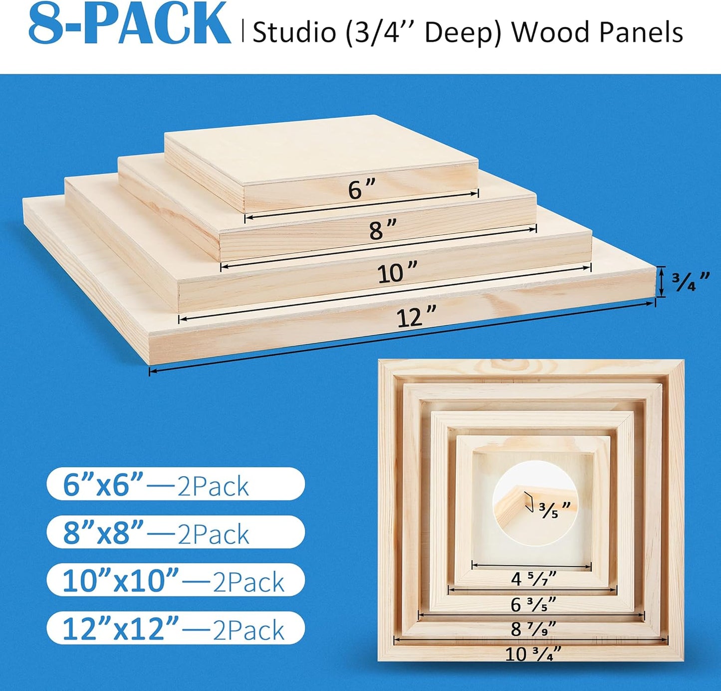Falling in Art Unfinished Birch Wood Canvas Panels Kit, 8 Pack of 4 Sizes Studio 3/4’’ Deep Cradle Boards for Pouring Art, Crafts, Painting, and More