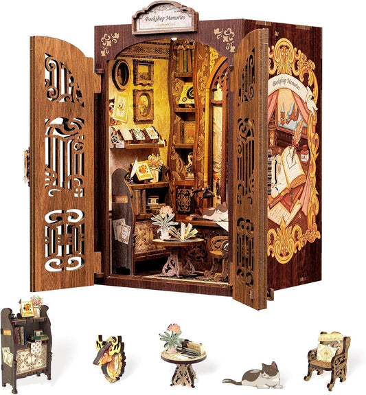Fsolis Book Nook Kit, DIY Miniature Dollhouse Kit 3D Puzzles for Adults and Beginners, 127 Wooden Pieces, Tiny House Mini Booknook Craft Bookshelf Decor, Gifts for Women Book Lovers(Bookshop Memory)