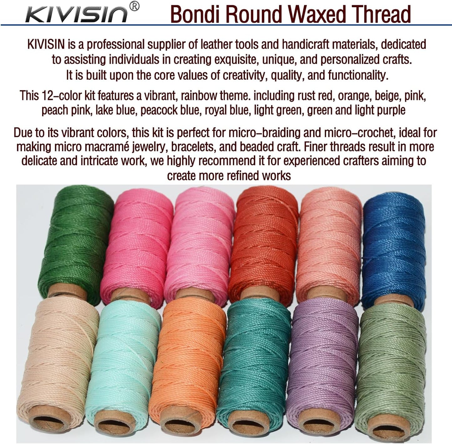 12 Colored Round Waxed Thread 0.8mm, 35 Yards per Spool, 3 Ply Polyester Wax Cord Strings for Hand Sewing, Beading, Bookbinding, Basket Weaving, Micro Macrame Bracelets and Jewelry Making