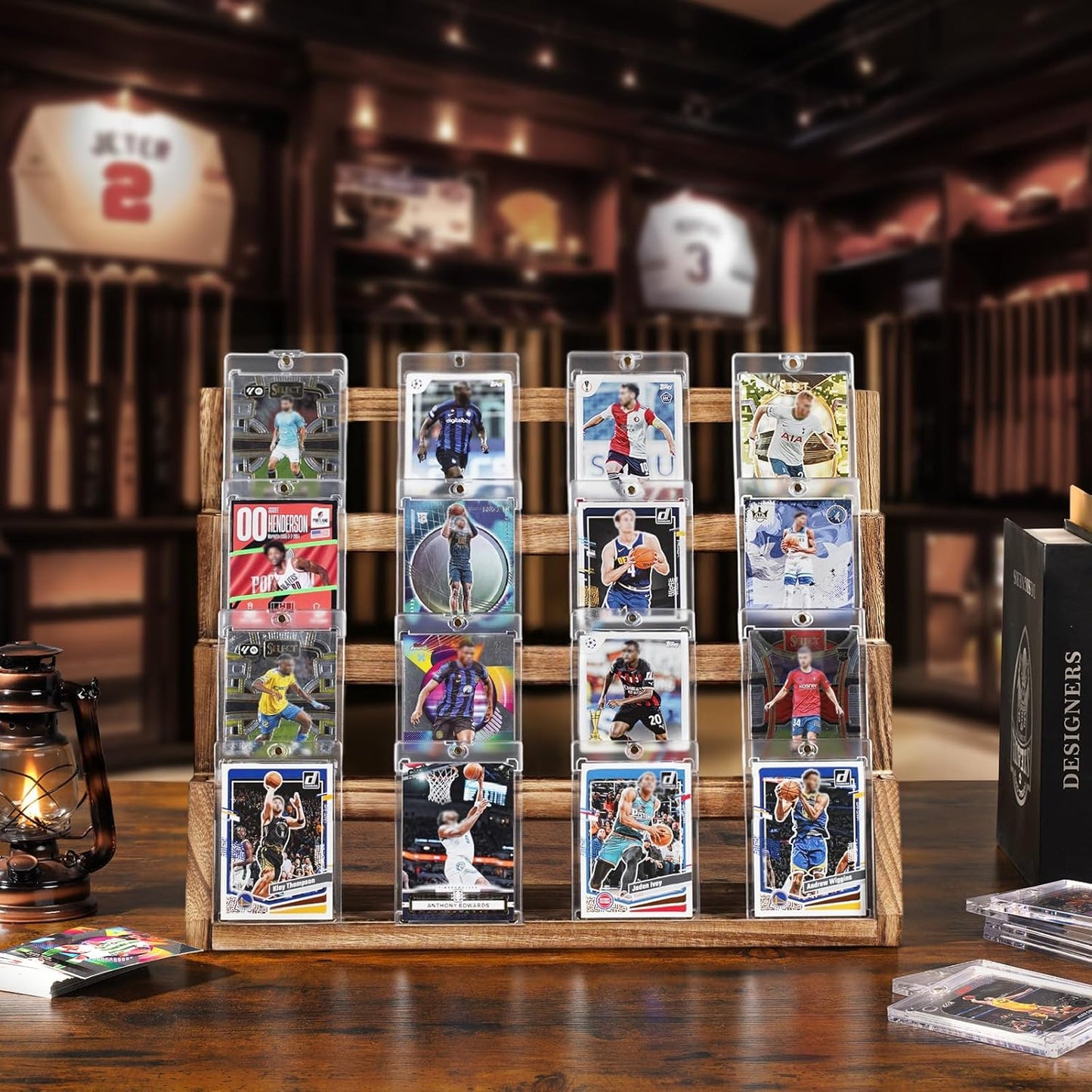 Emfogo Card Display Stand, 4-Tier Trading Card Display, Wooden Graded Baseball Sports Card Display, Trading Card Display Case for Card Collection & Show (Brown)
