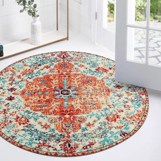 Lahome Bohemian Floral Medallion Round Rug - 3Ft Oriental Distressed Small Round Area Rug Vintage Washable Entryway Foyer Mat Non-Slip Non-Shedding Low-Pile Sofa Bathroom Carpet, Orange/Multi