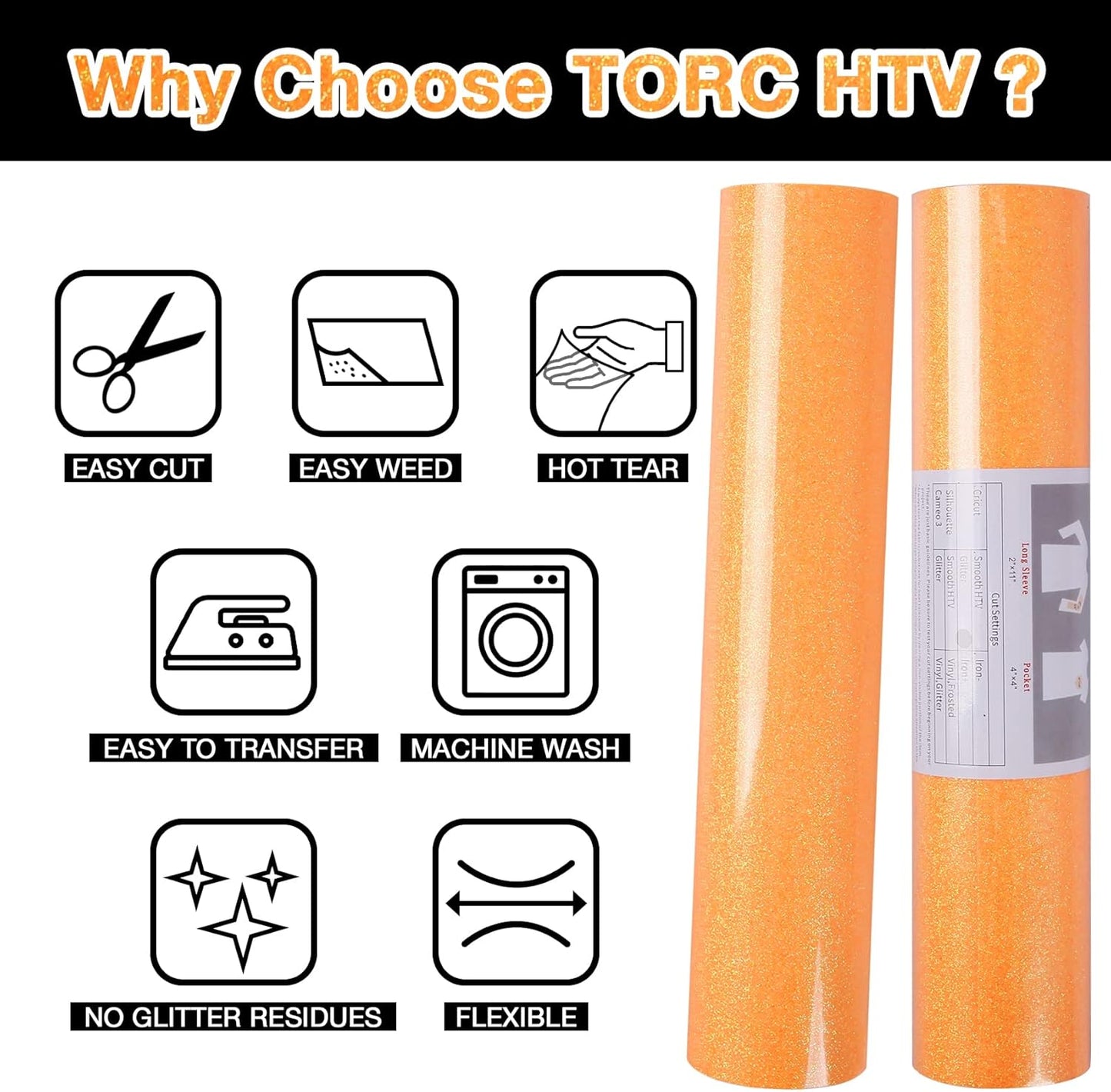 TORC Orange Glitter HTV Heat Transfer Vinyl Roll 12 inch x 20 ft Iron on Vinyl for T Shirts Crafts Bulk