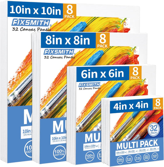 FIXSMITH Canvas Boards for Painting, Multi Pack- 4x4,6x6,8x8,10x10 (8 of Each),32 Pack,100% Cotton Primed Canvas Panels for Acrylic, Oil, Art Supplies for Kids, Adults, Beginners