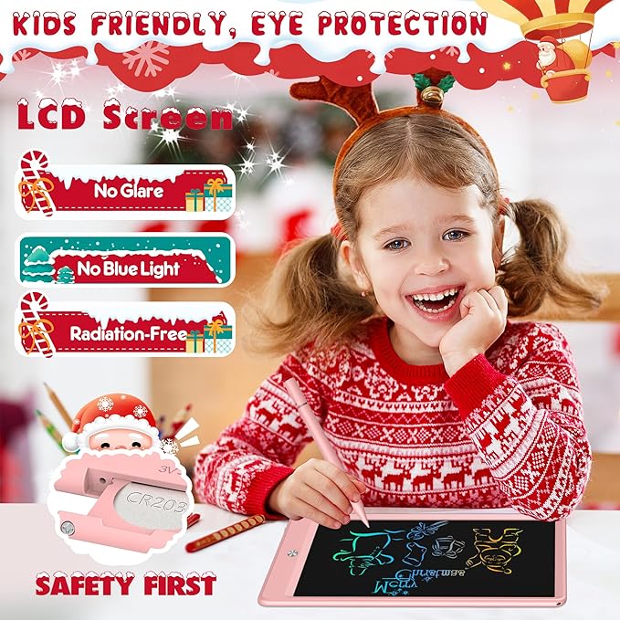 FLUESTON LCD Writing Tablet, Doodle Board Toys Gifts for 3-8 Year Old Girls Boys, 10 Inch Colorful Electronic Board Drawing Pad for Kids, Christmas Gifts for Toddler Educational Learning Travel, Pink