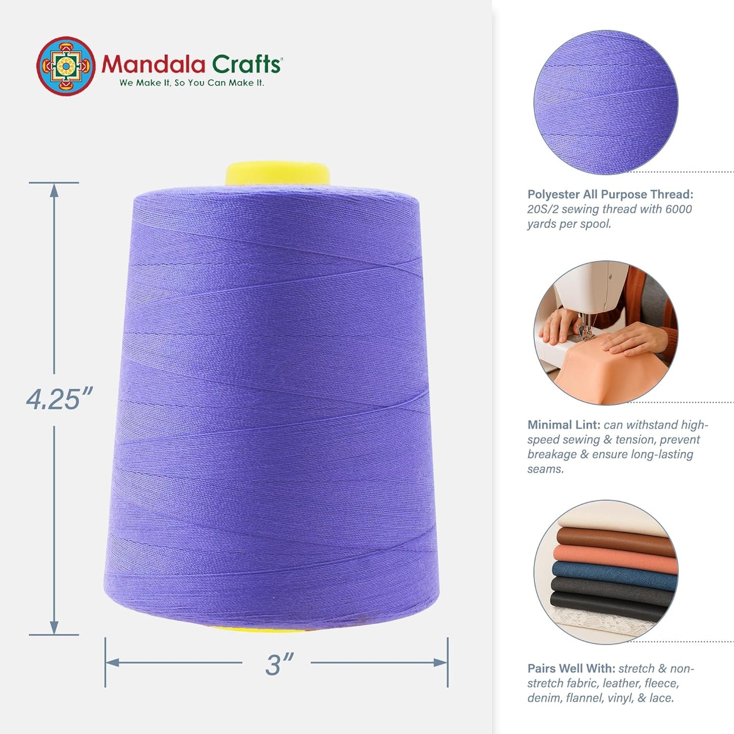 Mandala Crafts 4 Pack of Serger Threads Cones Spools - 20S/2 24000 Yards Polyester Periwinkle Threads for Sergers Machine and Overlock Quilting Sewing Machine