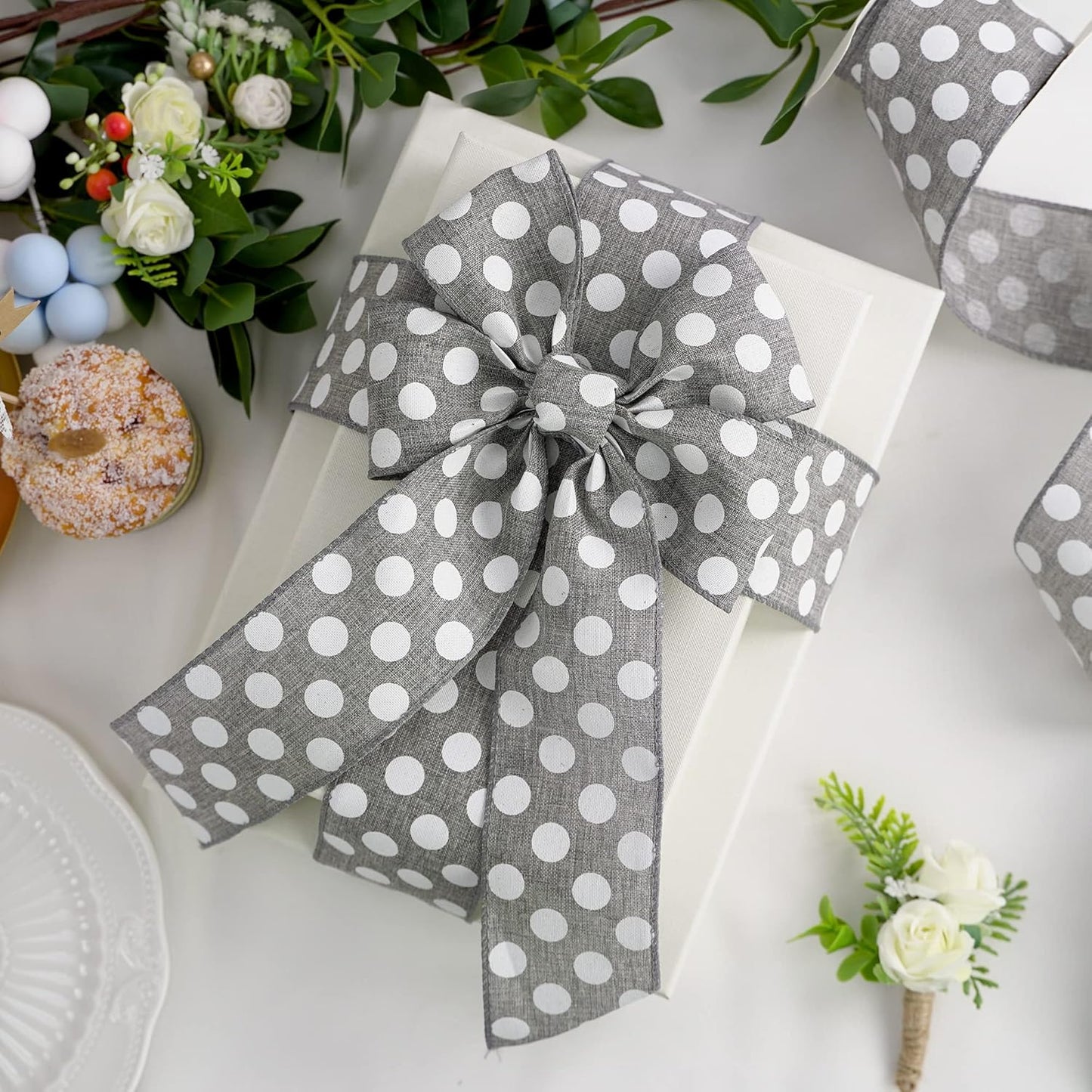 MEEDEE Polka Dots Burlap Ribbon - 2.5 Inch Wired Ribbon for Baby Shower, Farmhouse Decor, Elephant Wreath, Cakes - 10 Yards