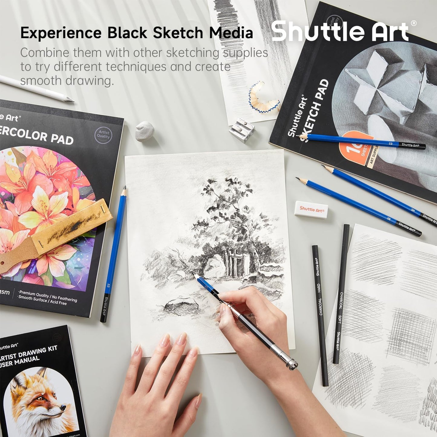 Shuttle Art 116 PCS Drawing Kit, Professional Drawing Supplies with Sketch, Charcoal, Colored, Graphite, Pastel Pencils & Sticks, Complete Drawing Tools and Paper Pads in Zipper Case for Artists&Kids