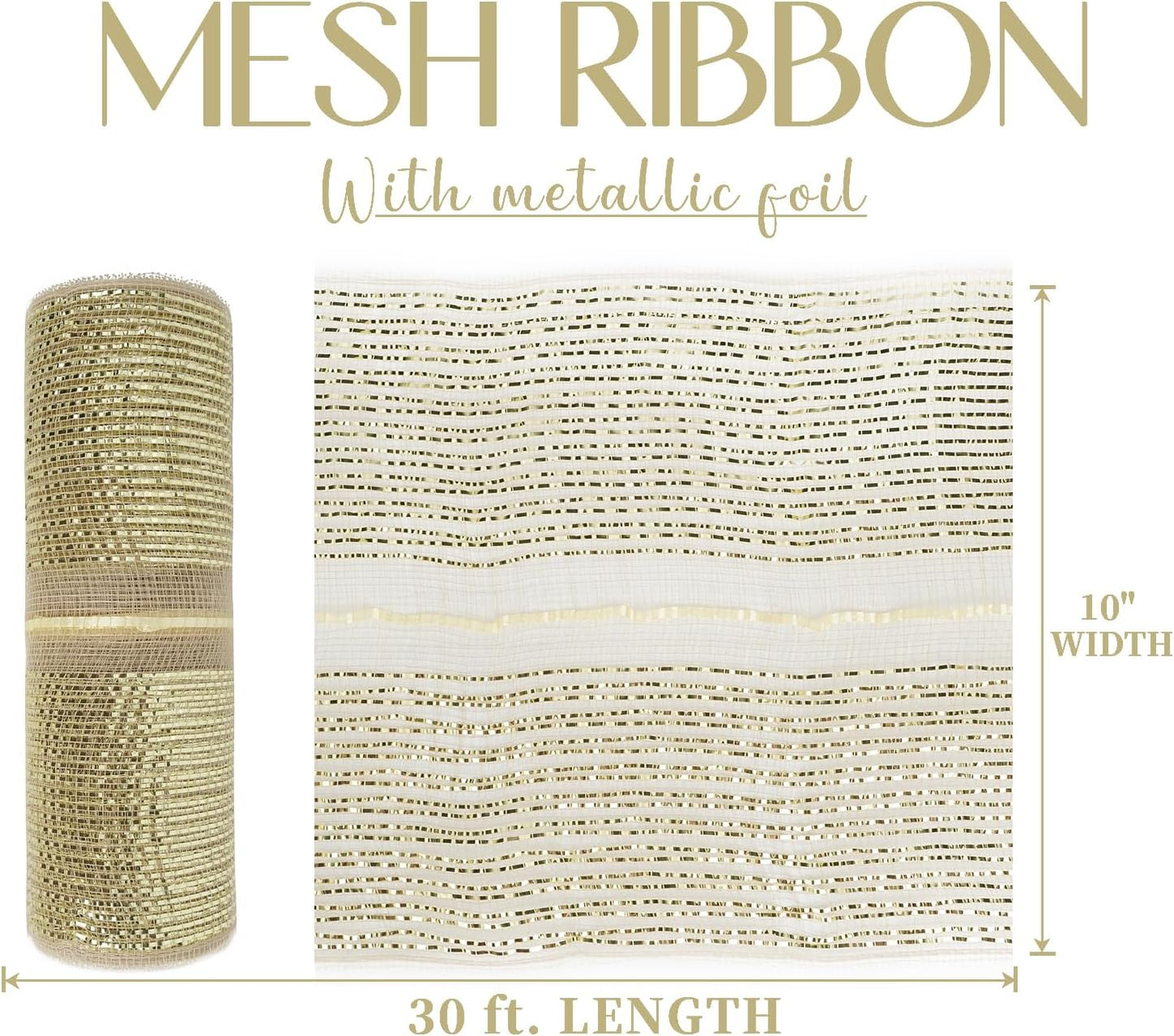 MEEDEE Champagne Deco Mesh 10 Inch Deluxe Wide Foil Metallic Pull Up Mesh Champagne Gold Mesh Ribbon for Christmas Tree, Wreaths, Garland, Gift Wrapping, Bows Making (30 Feet)