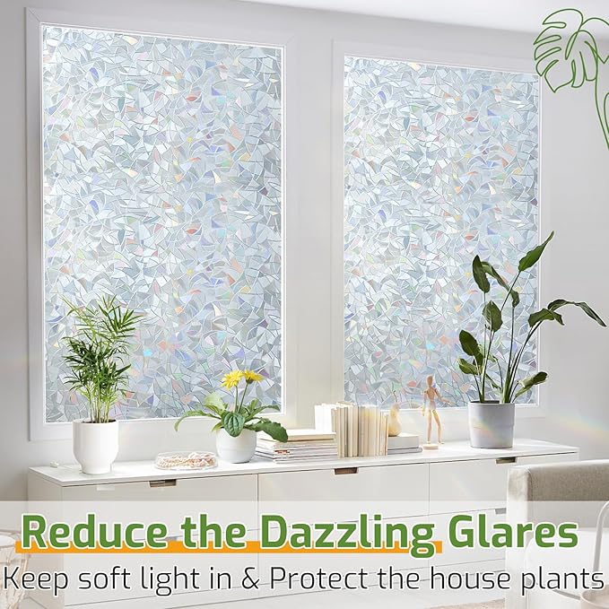 LUTE Window Privacy Film, Rainbow Window Flim, 3D Decorative Stained Glass Cling, Non-Adhesive Vinyl Static Cling UV Blocking Heat Control One Way Glass Covering for Home, Silver, 35.4 x 157.4 inches