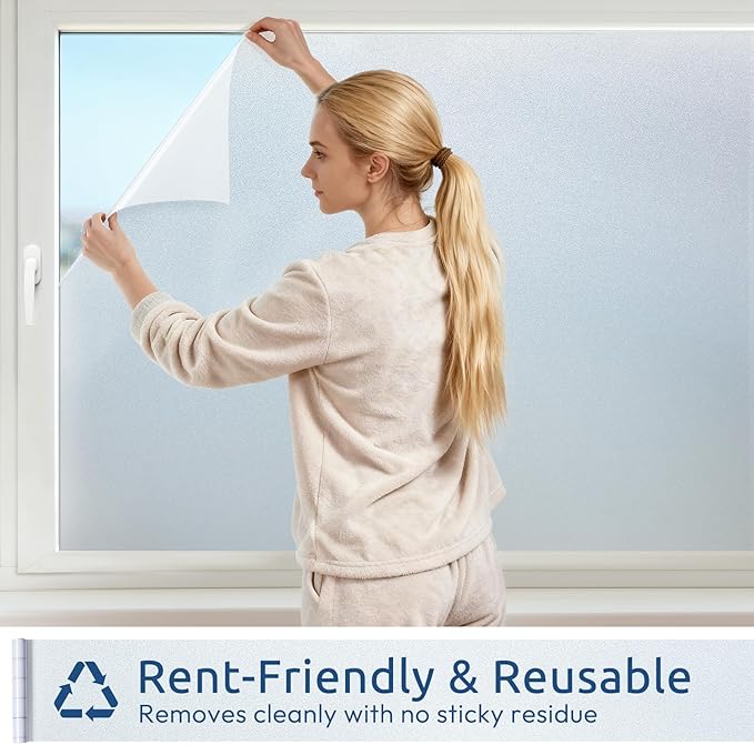 rabbitgoo Frosted Glass Window Privacy Film, No Glue, Anti-Glare Heat Blocking, Easy to Install, Renter Friendly Removable Opaque Bathroom Window Clings for Glass, 17.5 by 118.1 inch