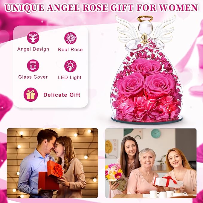 Beferr Valentines Day Rose Gifts for Her Women Mom Gifts for Birthday, Fresh Flowers for Delivery Forever Preserved Rose in Glass Angel Figurine, for Grandma Wife Daughter Girlfriend