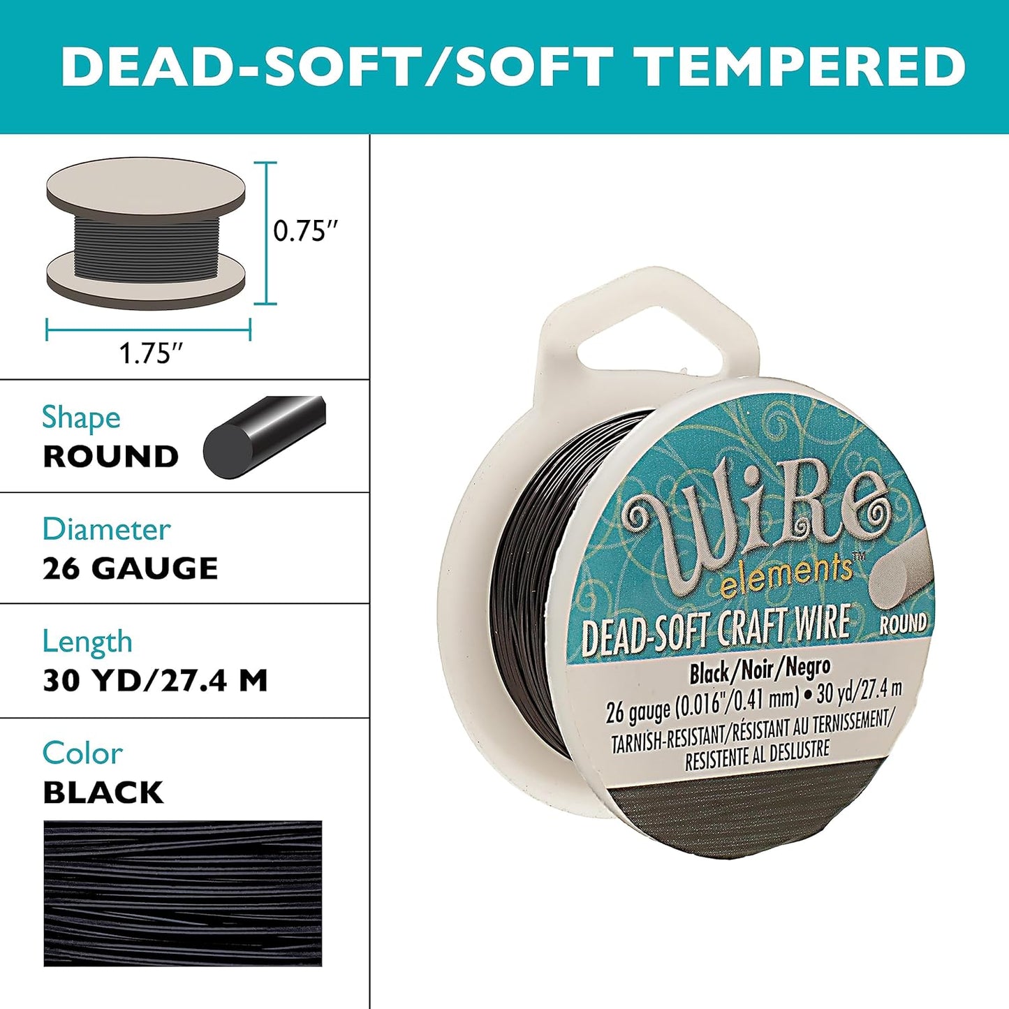 The Beadsmith Wire Elements Craft Wire – Tarnish Resistant, Soft Temper, Round, Black Color – 0.41mm, 26 Gauge, 30 Yard Spool – Jewelry Making, Wire Wrapping, Floral, & Other DIY Crafts