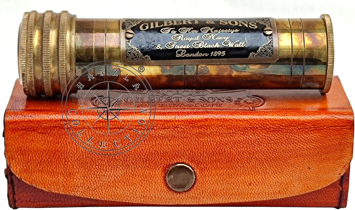 Gilbert & Sons Antique Brass Kaleidoscope Engraved Nautical Kids Gift with Leather Case Educational Gift Vintage Decor Collection
