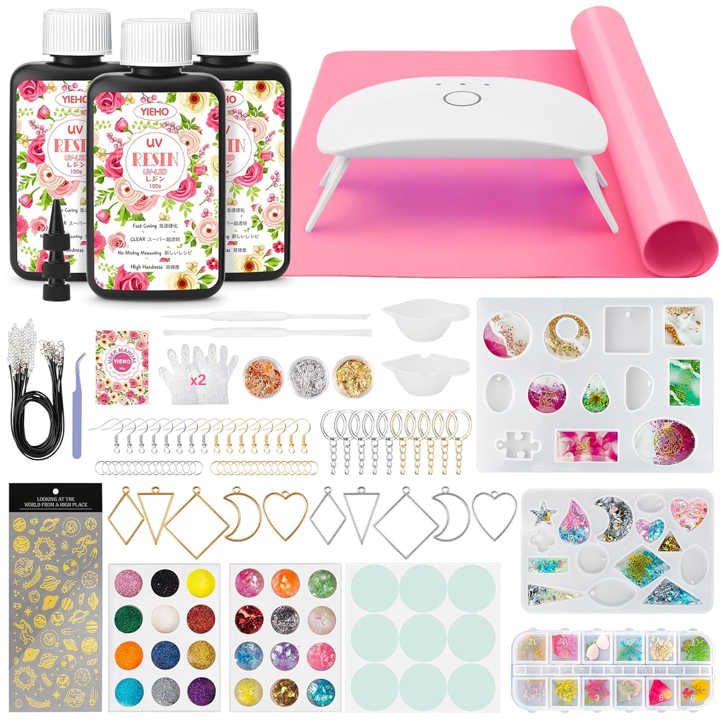 YIEHO 300g UV Resin Kit with Light and Molds, Upgraded Crystal Clear Hard UV Curing Premixed Resin Starter Jewelry Making Kit for DIY Keychain, Earring and Necklace