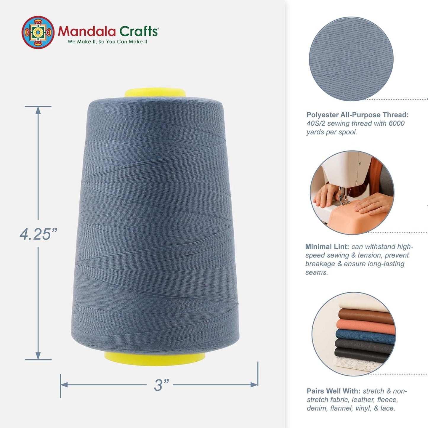 Mandala Crafts 4 Pack of Serger Threads Cones Spools - 40S/2 24000 Yards Polyester Slate Gray Threads for Sergers Machine and Overlock Quilting Sewing Machine