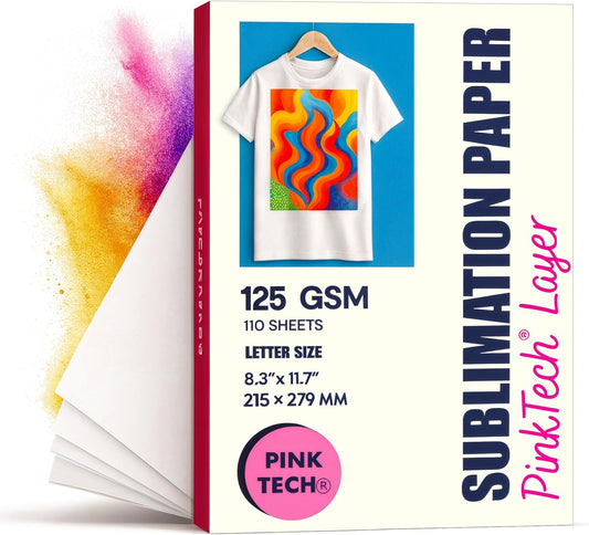 Hayes PinkTech Sublimation Paper 8.5x11 Inch 110 Sheets 125gsm for Inkjet Printer Epson Canon Sawgrass Heat Transfer Paper Works with Sublimation Ink for T-Shirts Mugs Tumblers Sublimation Blanks